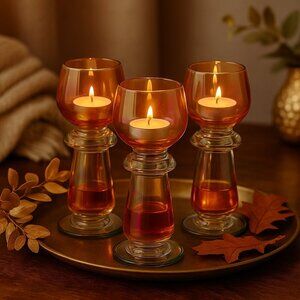 Set of 3 Amber Iridescent Glass Candle Holders – Elegant Vintage Glow Décor